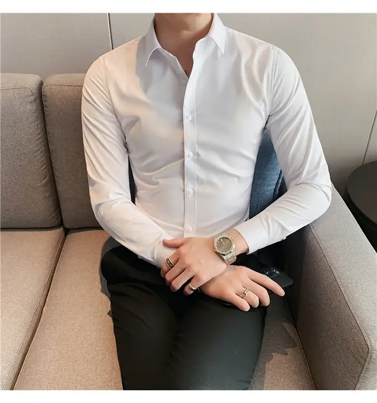 Men's Green Silk Slim Long Sleeve Shirt Large Plus — feature 1