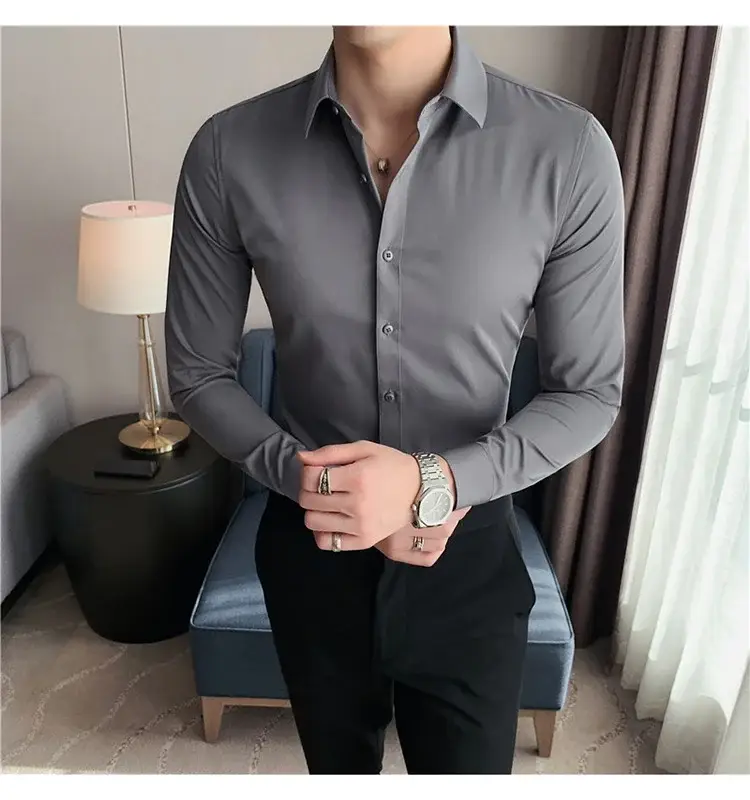 Men's Green Silk Slim Long Sleeve Shirt Large Plus — feature 11
