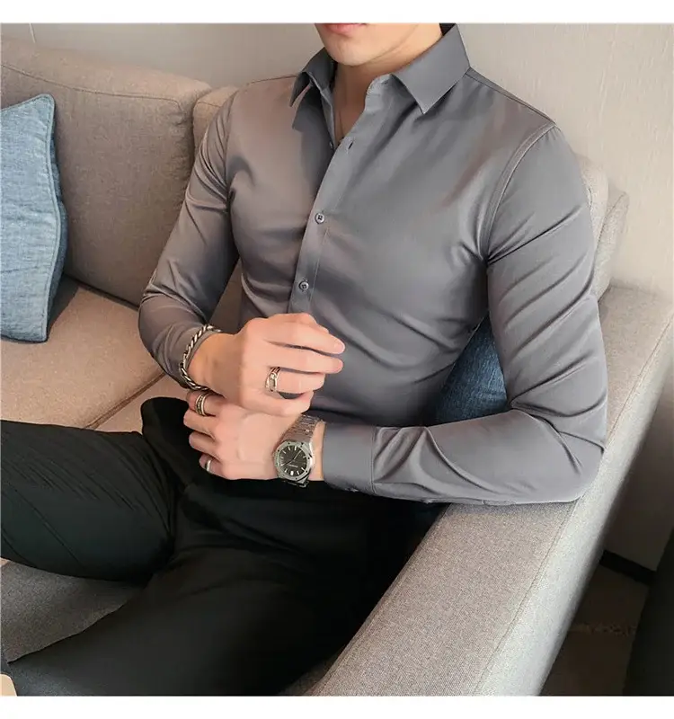 Men's Green Silk Slim Long Sleeve Shirt Large Plus — feature 12
