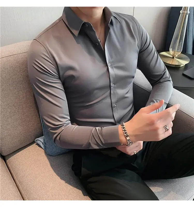 Men's Green Silk Slim Long Sleeve Shirt Large Plus — feature 13