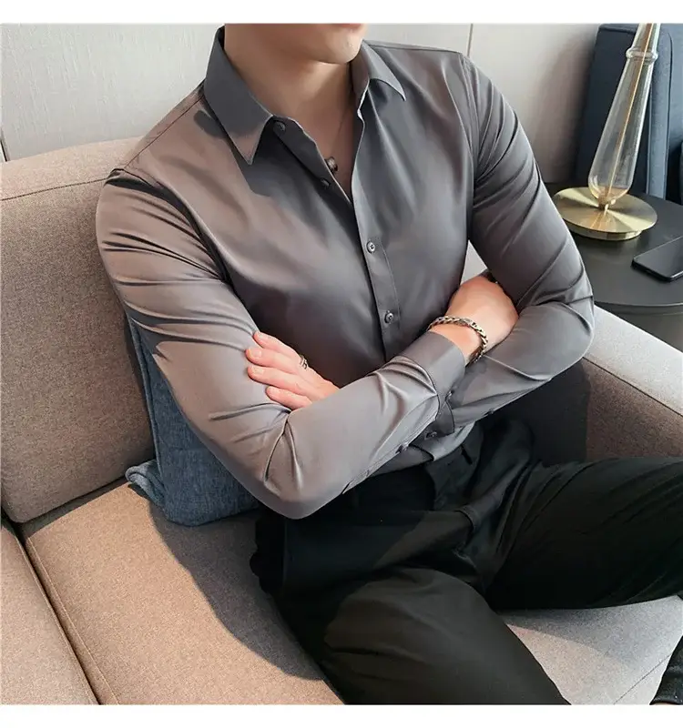 Men's Green Silk Slim Long Sleeve Shirt Large Plus — feature 14