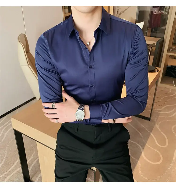 Men's Green Silk Slim Long Sleeve Shirt Large Plus — feature 15