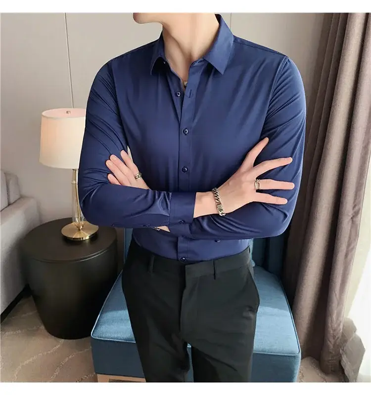 Men's Green Silk Slim Long Sleeve Shirt Large Plus — feature 16