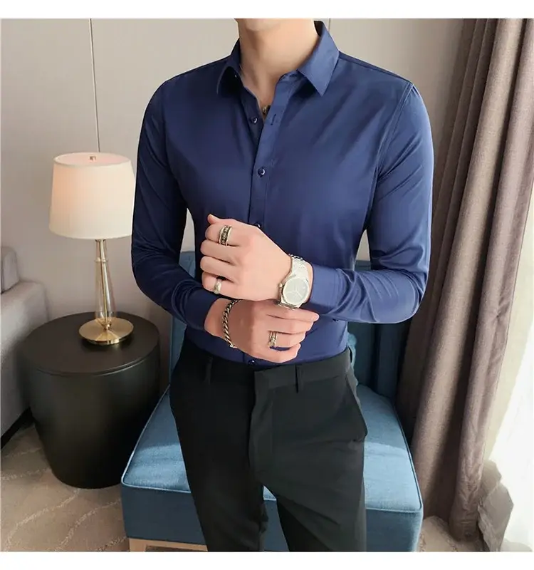 Men's Green Silk Slim Long Sleeve Shirt Large Plus — feature 17