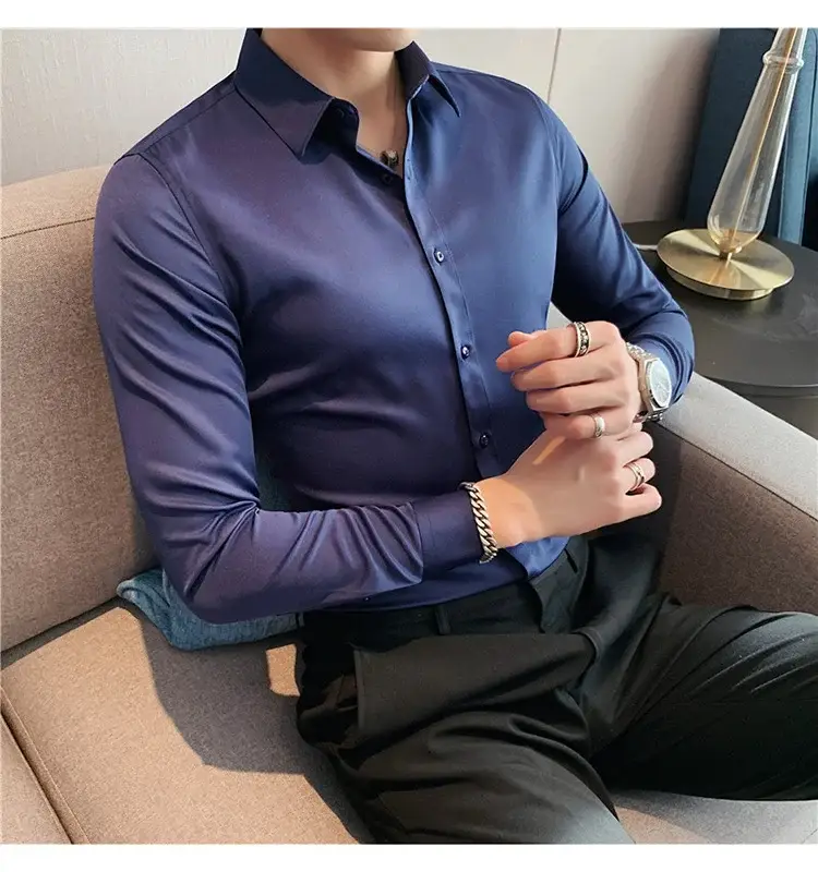 Men's Green Silk Slim Long Sleeve Shirt Large Plus — feature 19