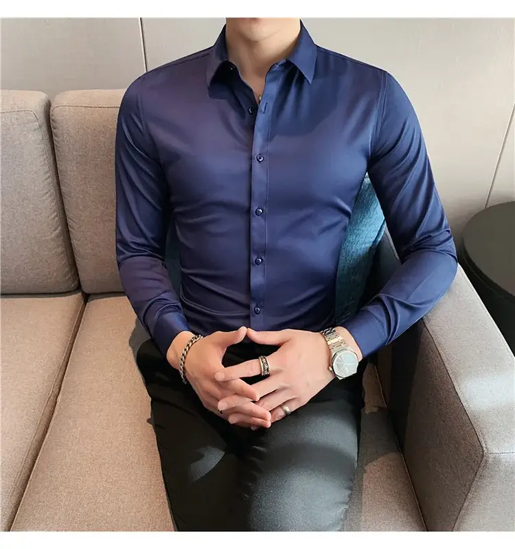 Men's Green Silk Slim Long Sleeve Shirt Large Plus — feature 20