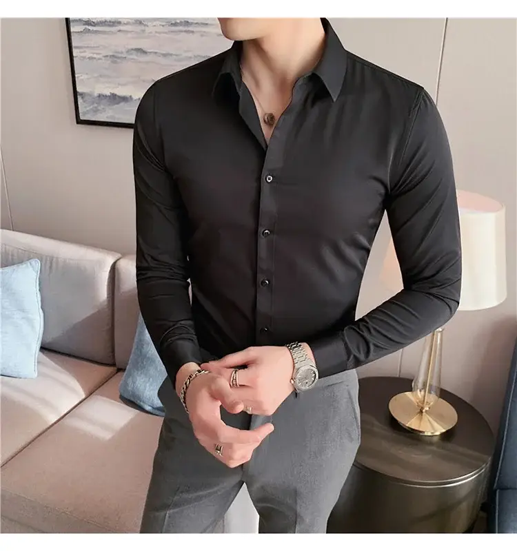Men's Green Silk Slim Long Sleeve Shirt Large Plus — feature 26