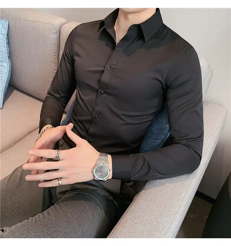 Men's Green Silk Slim Long Sleeve Shirt Large Plus — feature 27