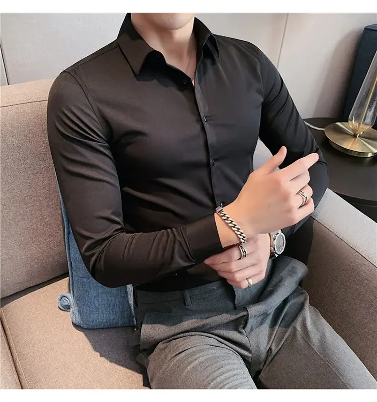 Men's Green Silk Slim Long Sleeve Shirt Large Plus — feature 28