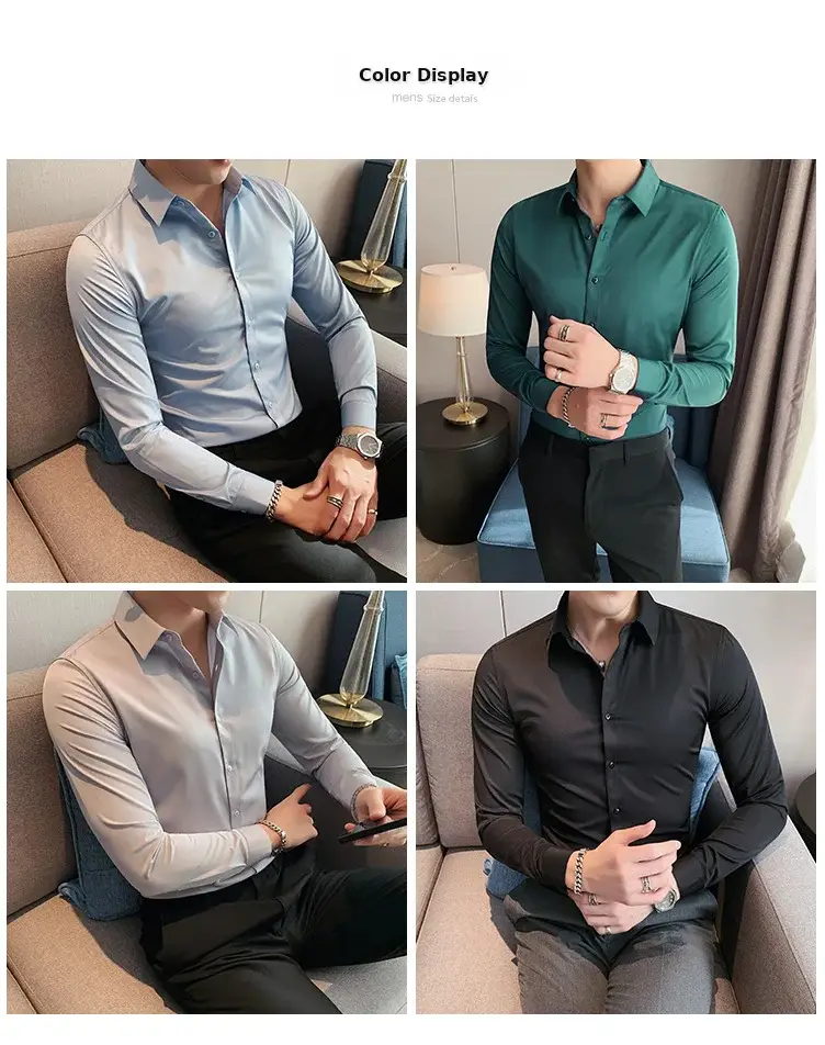 Men's Green Silk Slim Long Sleeve Shirt Large Plus — feature 3