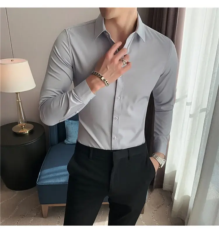 Men's Green Silk Slim Long Sleeve Shirt Large Plus — feature 30