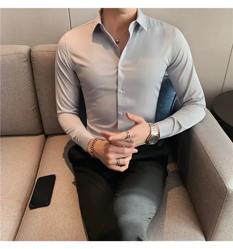 Men's Green Silk Slim Long Sleeve Shirt Large Plus — feature 33