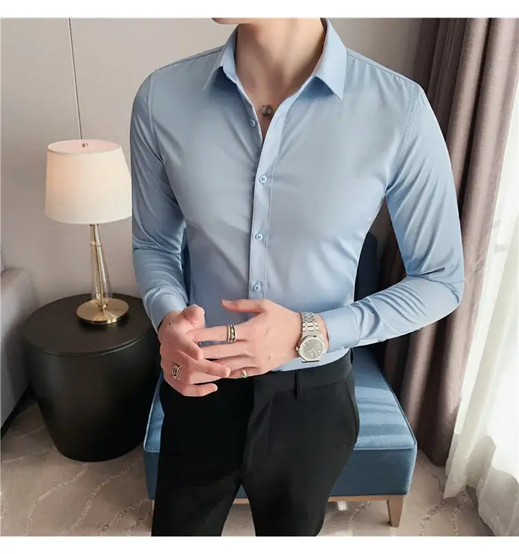 Men's Green Silk Slim Long Sleeve Shirt Large Plus — feature 34