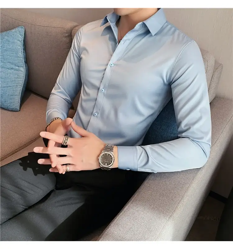 Men's Green Silk Slim Long Sleeve Shirt Large Plus — feature 36