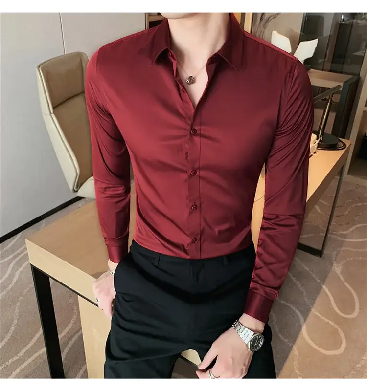Men's Green Silk Slim Long Sleeve Shirt Large Plus — feature 39