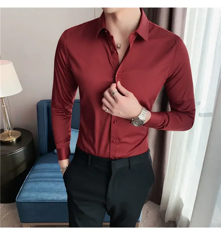Men's Green Silk Slim Long Sleeve Shirt Large Plus — feature 40