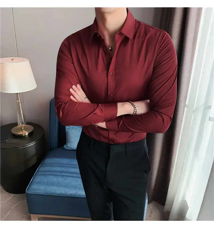 Men's Green Silk Slim Long Sleeve Shirt Large Plus — feature 41