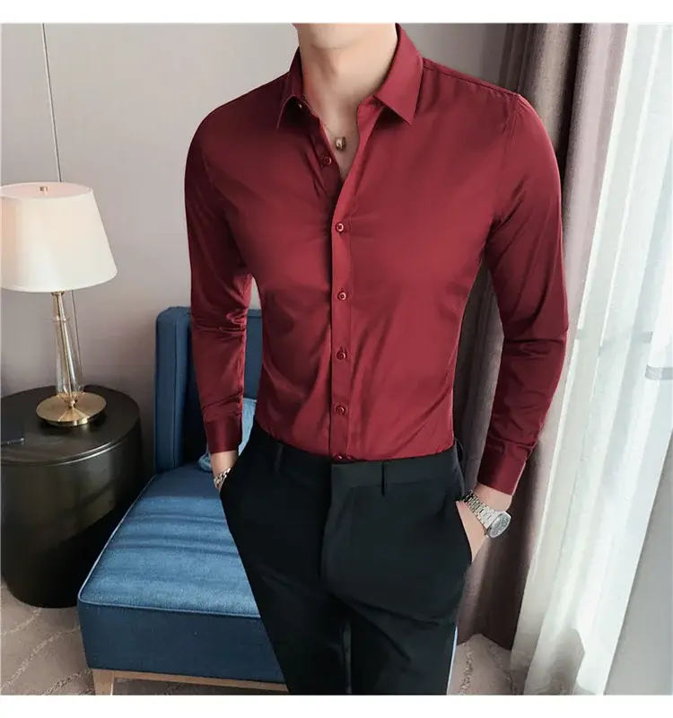 Men's Green Silk Slim Long Sleeve Shirt Large Plus — feature 42