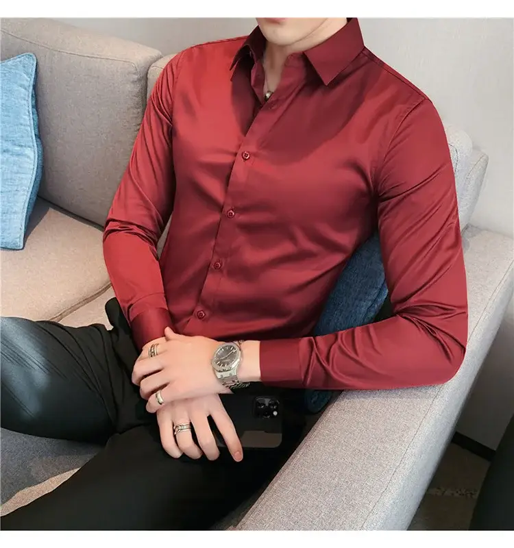 Men's Green Silk Slim Long Sleeve Shirt Large Plus — feature 43