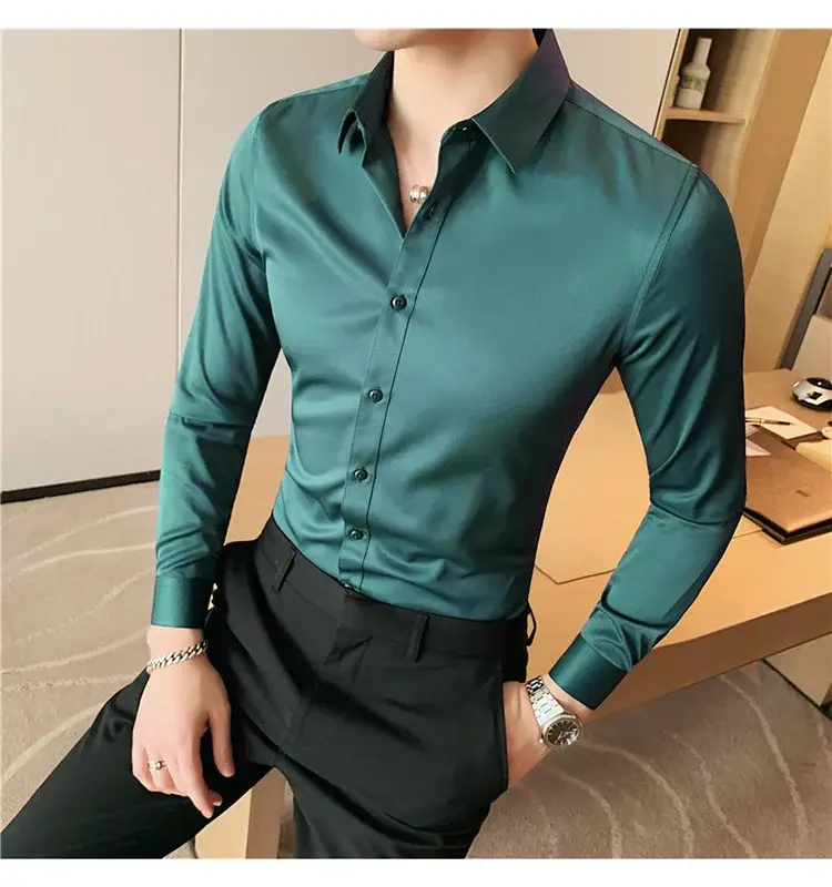 Men's Green Silk Slim Long Sleeve Shirt Large Plus — feature 47