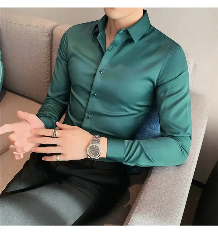 Men's Green Silk Slim Long Sleeve Shirt Large Plus — feature 48