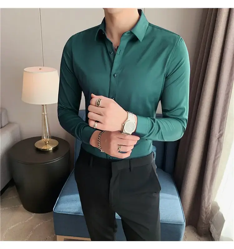 Men's Green Silk Slim Long Sleeve Shirt Large Plus — feature 49