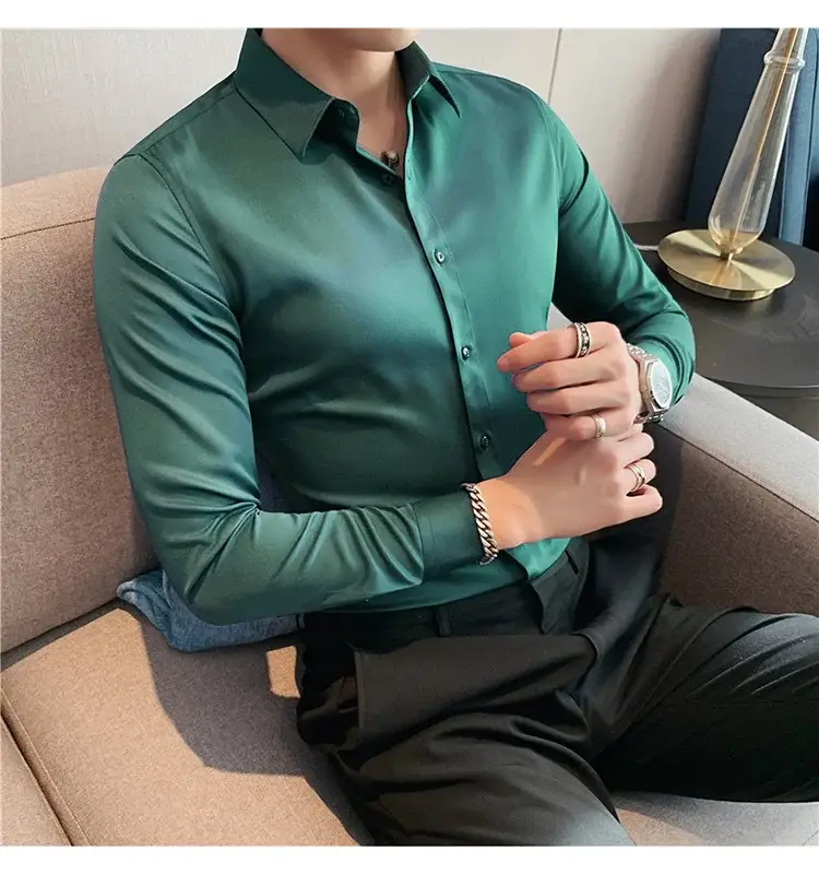 Men's Green Silk Slim Long Sleeve Shirt Large Plus — feature 50