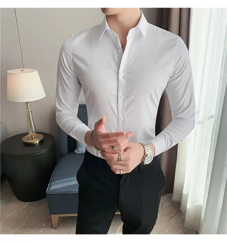 Men's Green Silk Slim Long Sleeve Shirt Large Plus — feature 8