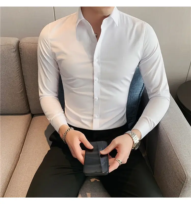 Men's Green Silk Slim Long Sleeve Shirt Large Plus — feature 9