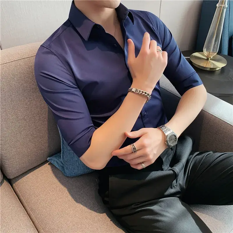 Men's Green Silk Slim Long Sleeve Shirt Large Plus - Image 13