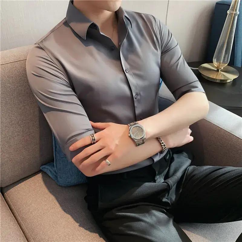 Men's Green Silk Slim Long Sleeve Shirt Large Plus - Image 14