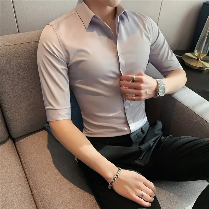 Men's Green Silk Slim Long Sleeve Shirt Large Plus - Image 15