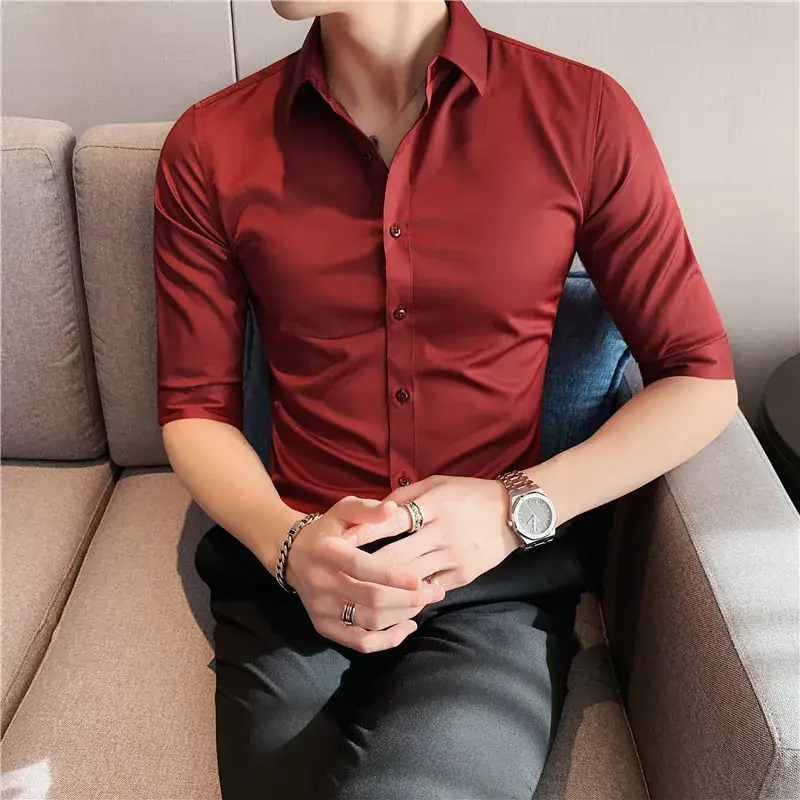 Men's Green Silk Slim Long Sleeve Shirt Large Plus - Image 16