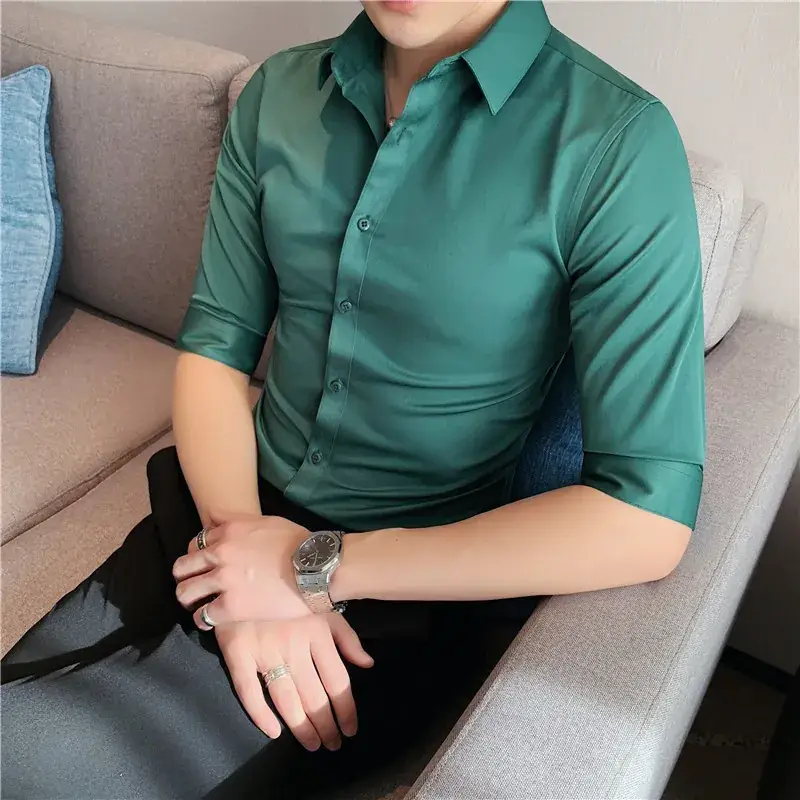 Men's Green Silk Slim Long Sleeve Shirt Large Plus - Image 18