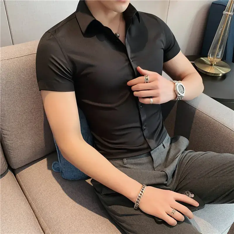 Men's Green Silk Slim Long Sleeve Shirt Large Plus - Image 21