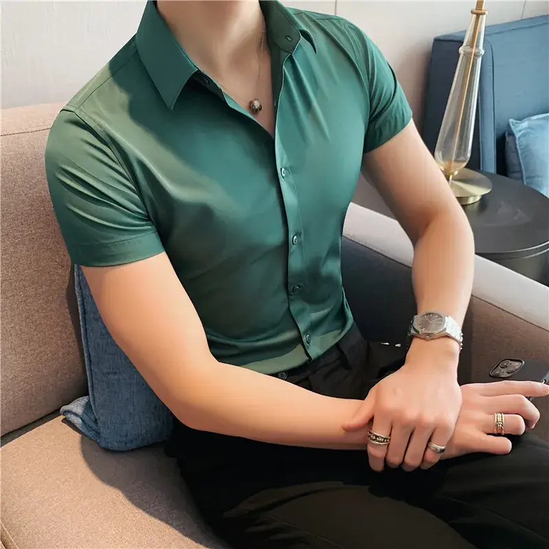 Men's Green Silk Slim Long Sleeve Shirt Large Plus - Image 28
