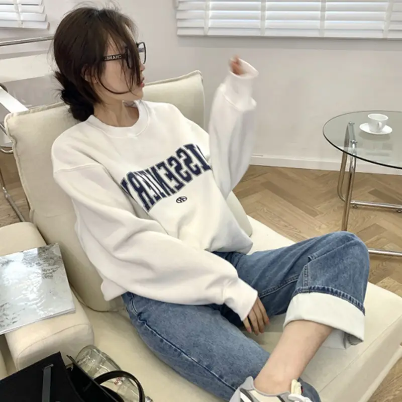 Women's White Letter Print Sweatshirt Set Loose Fit - Image 7