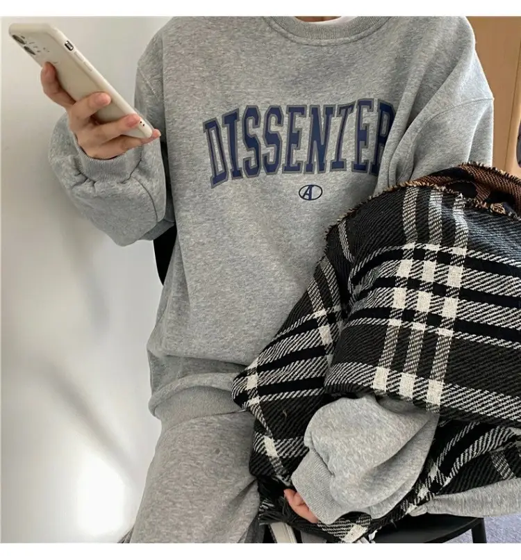 Women's White Letter Print Sweatshirt Set Loose Fit - Image 2