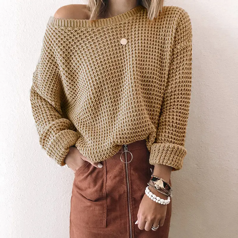 2023 Women's Blue Waffle Knit Off-Shoulder Sweater