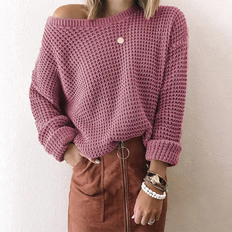 2023 Women's Blue Waffle Knit Off-Shoulder Sweater