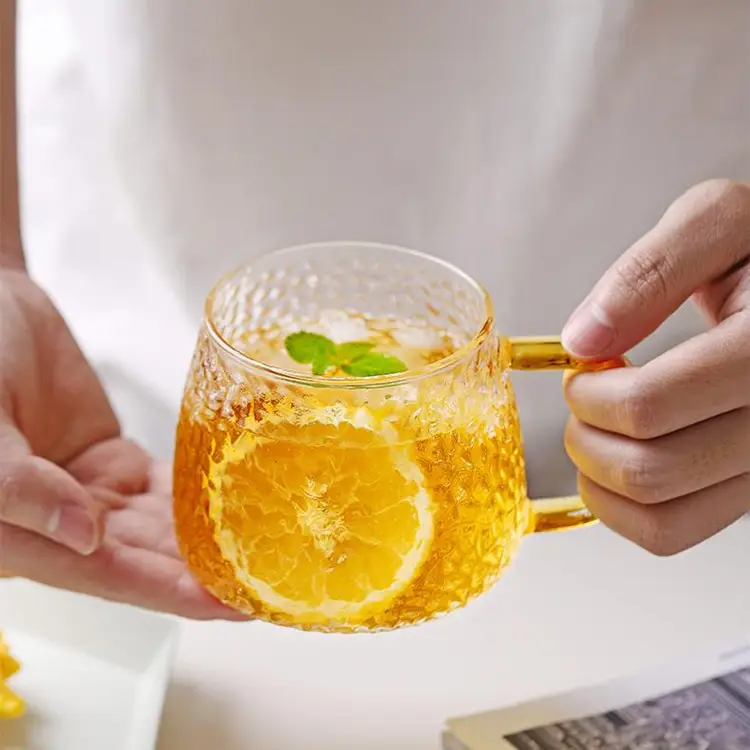 High Borosilicate Hammer Glass Tea Cup with Handle