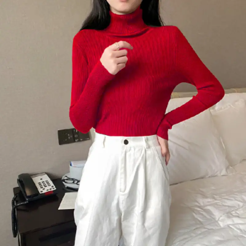 Women's Knitted High Neck Sweater Beige Winter Slim Fit - Image 11