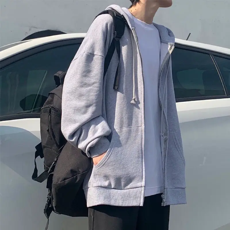 Men Hooded Cardigan Jacket Light Blue Korean Style - Image 4