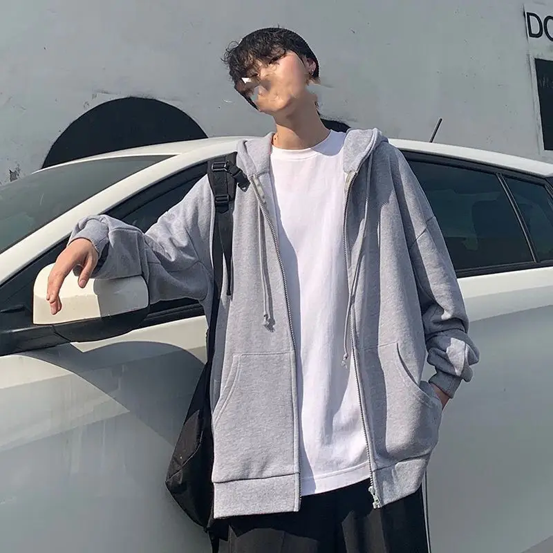 Men Hooded Cardigan Jacket Light Blue Korean Style - Image 2