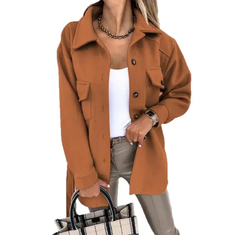 Women Woolen Lapel Jacket Black Long Sleeve Button Up - Image 10