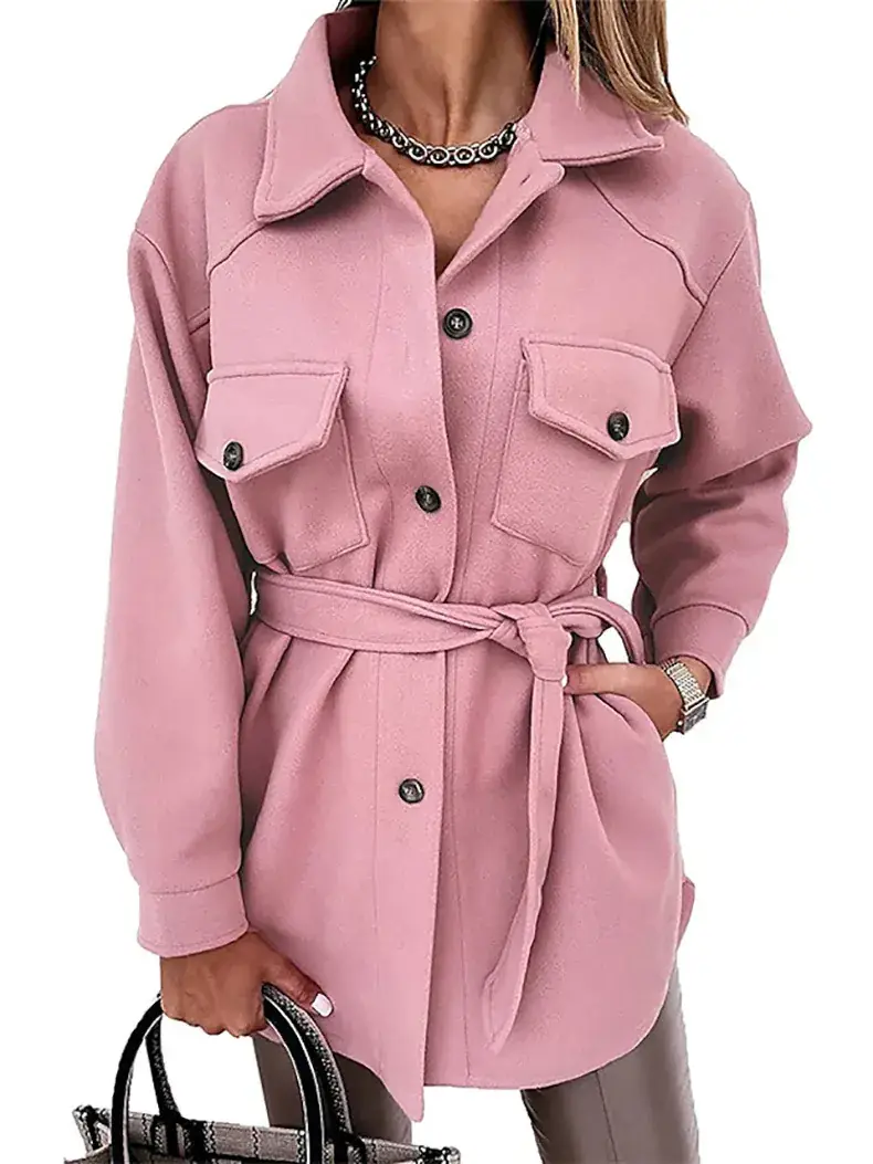 Women Woolen Lapel Jacket Black Long Sleeve Button Up - Image 7