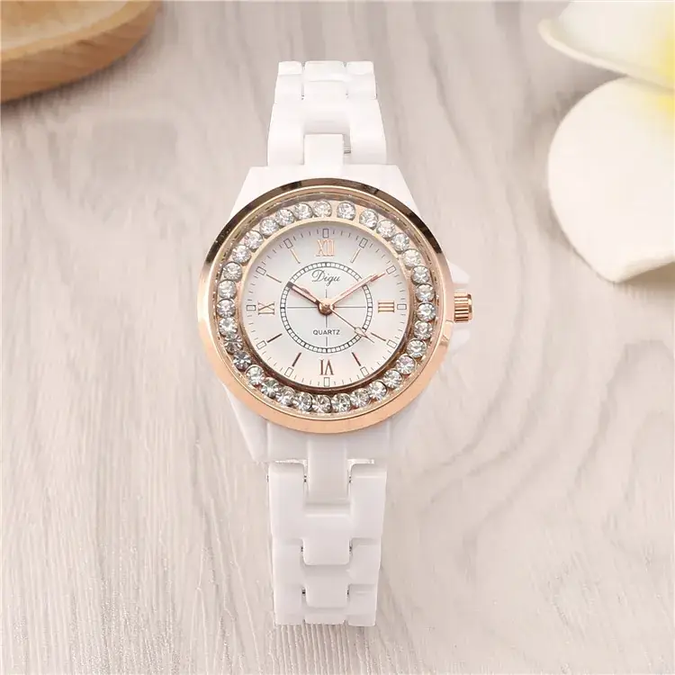 White Korean Style Women's Quartz Watch with Rhinestone Band - Image 2