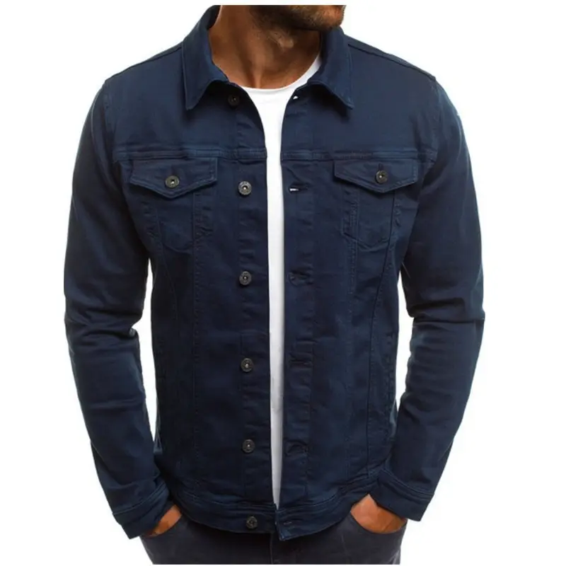 Men's Blue Denim Button Collar Jacket Casual Solid Color - Image 9