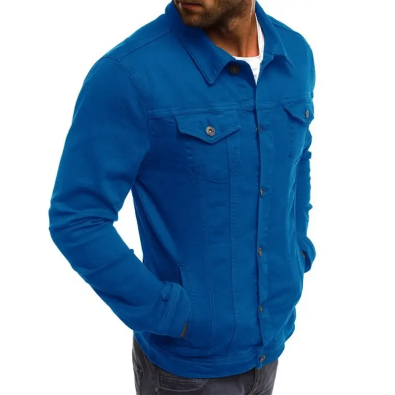 Men's Blue Denim Button Collar Jacket Casual Solid Color — feature 18