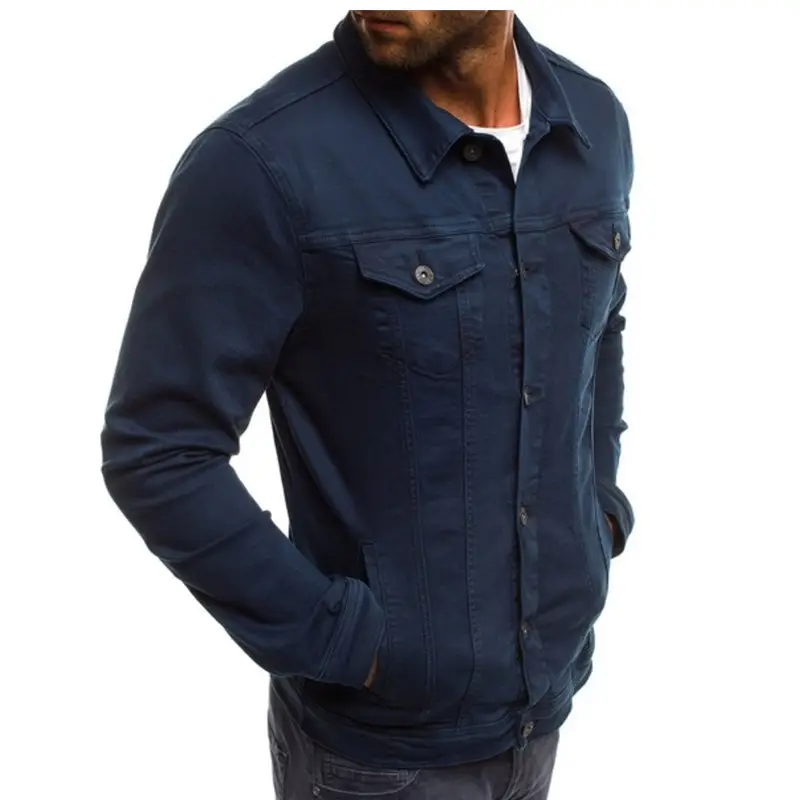Men's Blue Denim Button Collar Jacket Casual Solid Color — feature 6